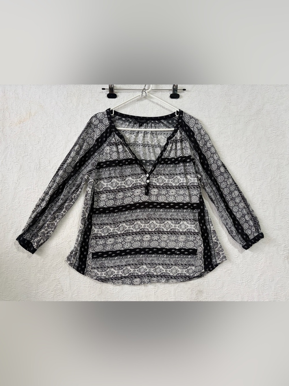 Lucky Brand Black & White Patterned Henley Blouse